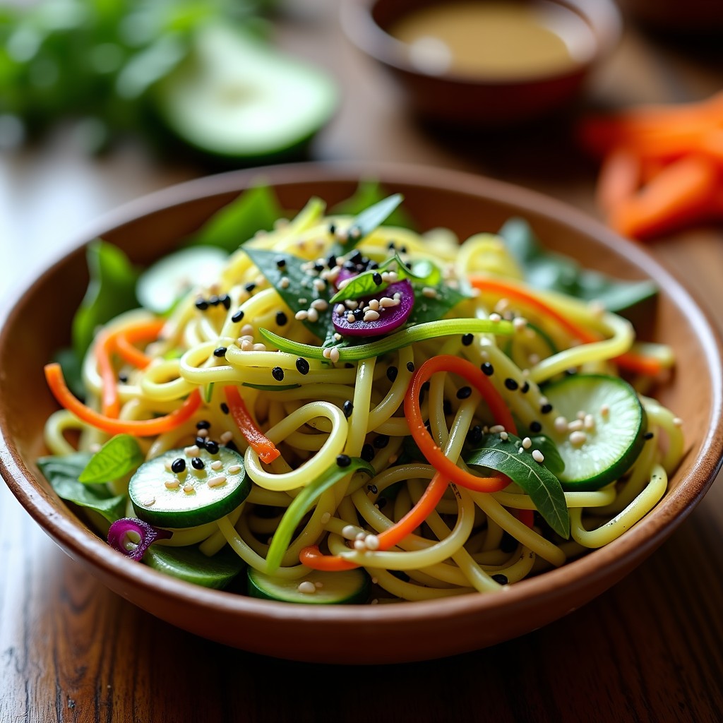 Ensalada de Fideos de Calabacín con Vinagreta de Miso y Sésamo: Receta Crudivegana
