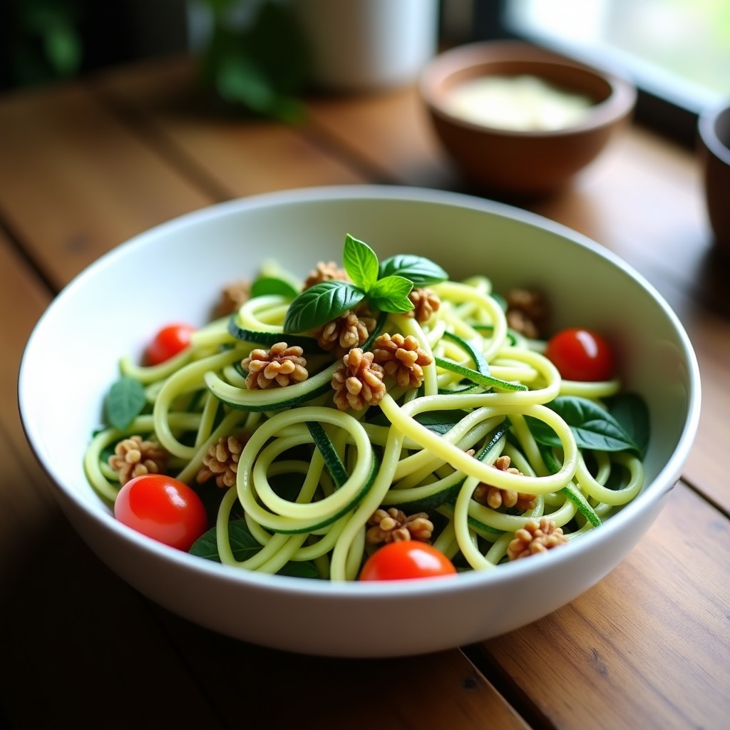 Ensalada de Fideos de Calabacín con Pesto de Albahaca y Nueces: Receta Crudivegana en 10 Minutos