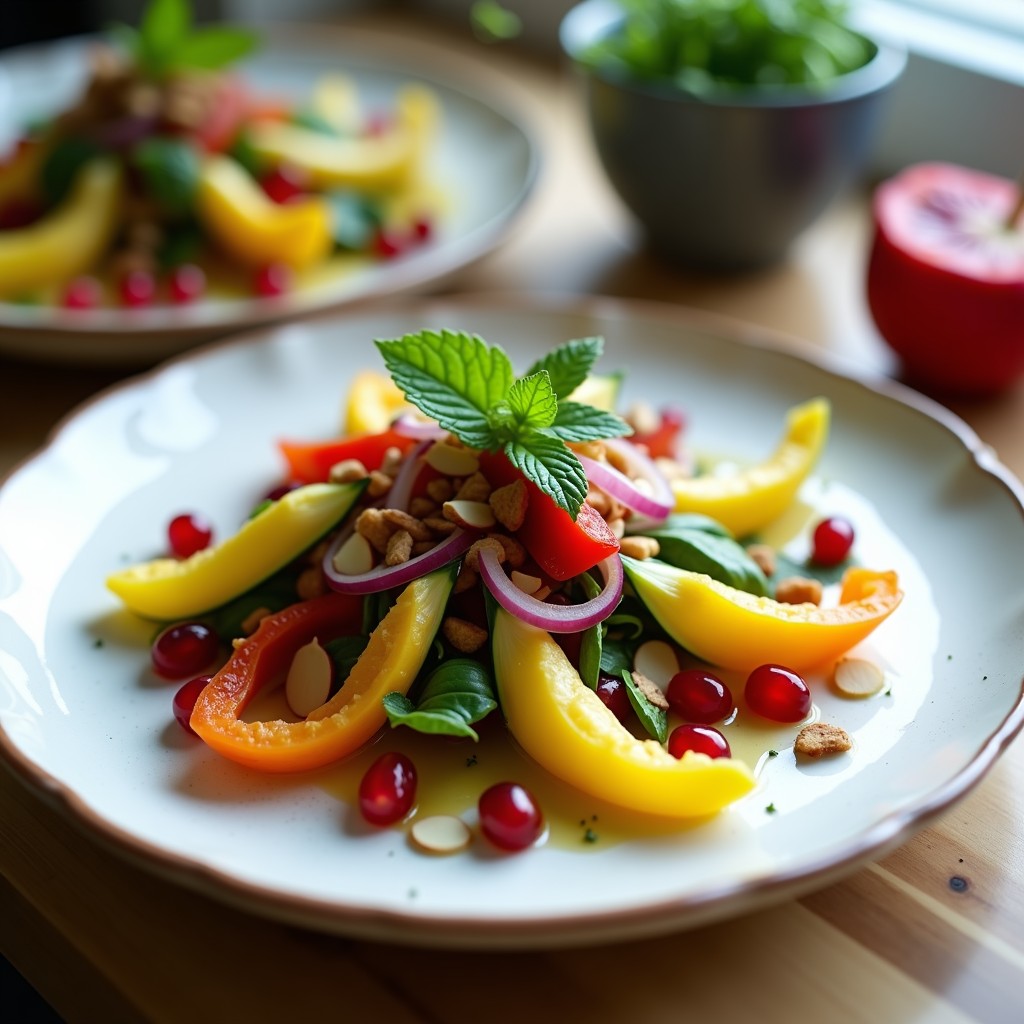 Ensalada libanesa vegana de flores de calabacín frescas con semillas de granada, pimiento amarillo, cebolla morada y almendras tostadas, bañada en vinagreta de granada y mentol. Plato colorido y fresco sobre fondo rústico.