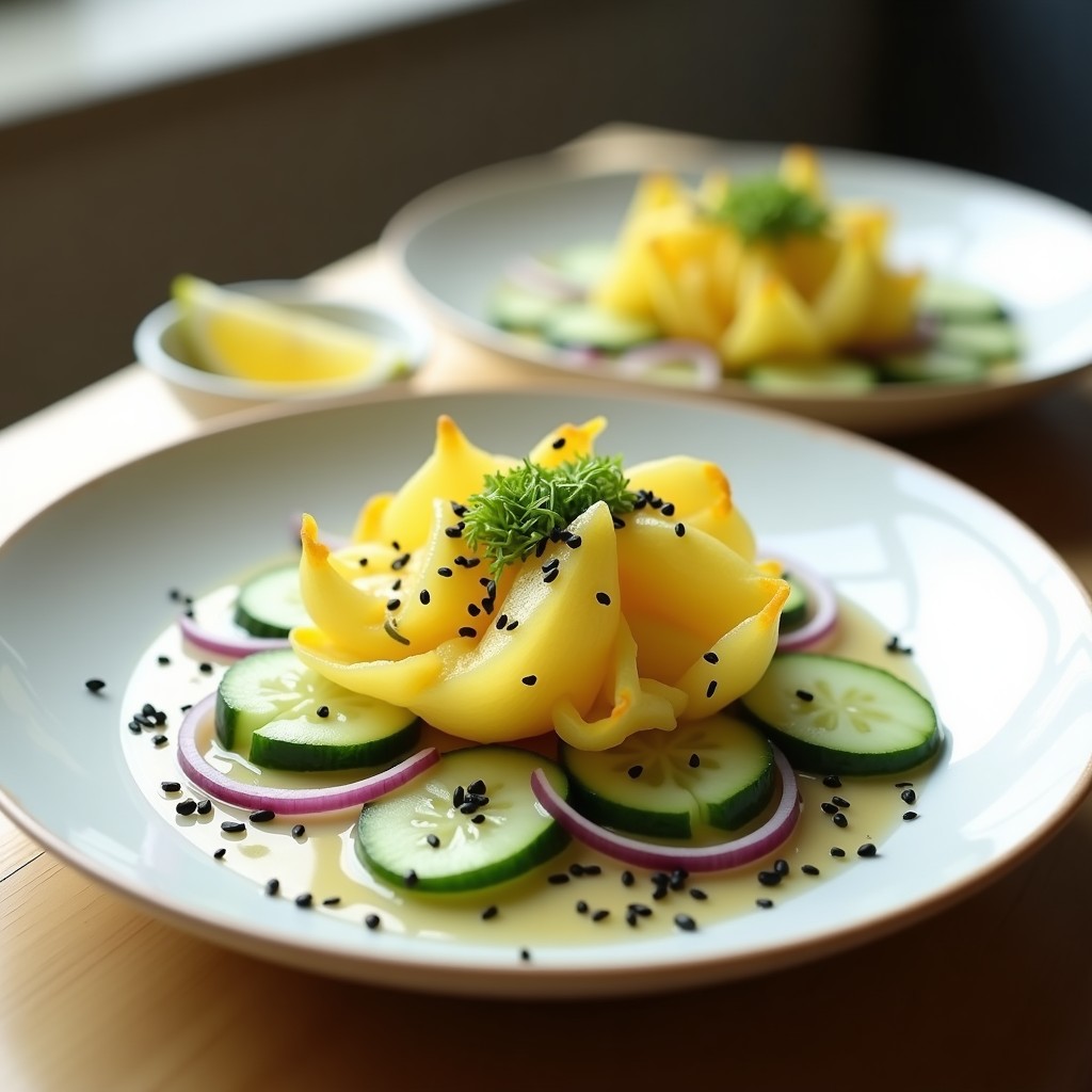 Ensalada japonesa cruda de flores de calabacín abiertas en abanico, con juliana de pepino y cebolla morada, bañada en vinagreta de miso blanco y decorada con semillas de sésamo negro y blanco y algas nori en copos.