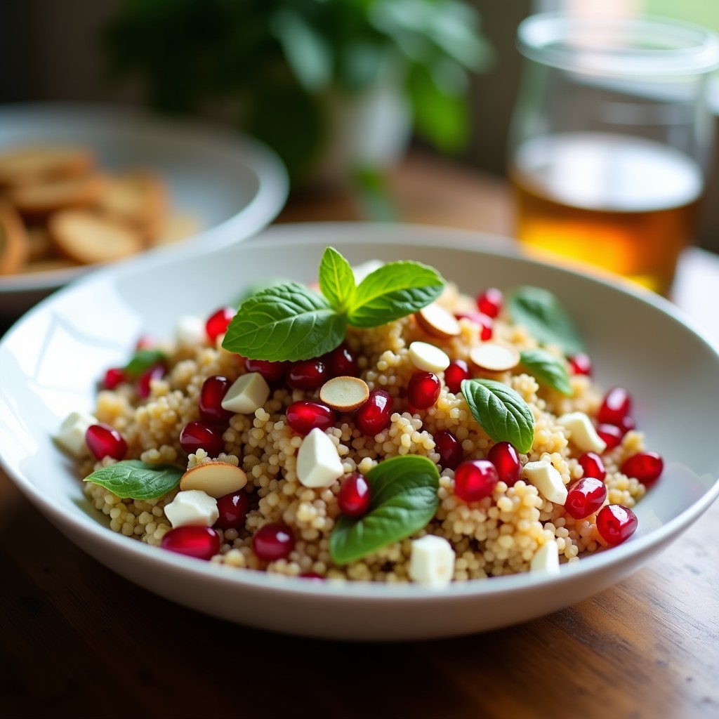 Ensalada libanesa de freekeh en plato blanco hondo, con semillas de granada rojas, trozos de queso de cabra cremoso, almendras fileteadas tostadas y hojas de menta fresca. Aliño brillante de lima y miel visible. Fondo rústico con textura de madera.