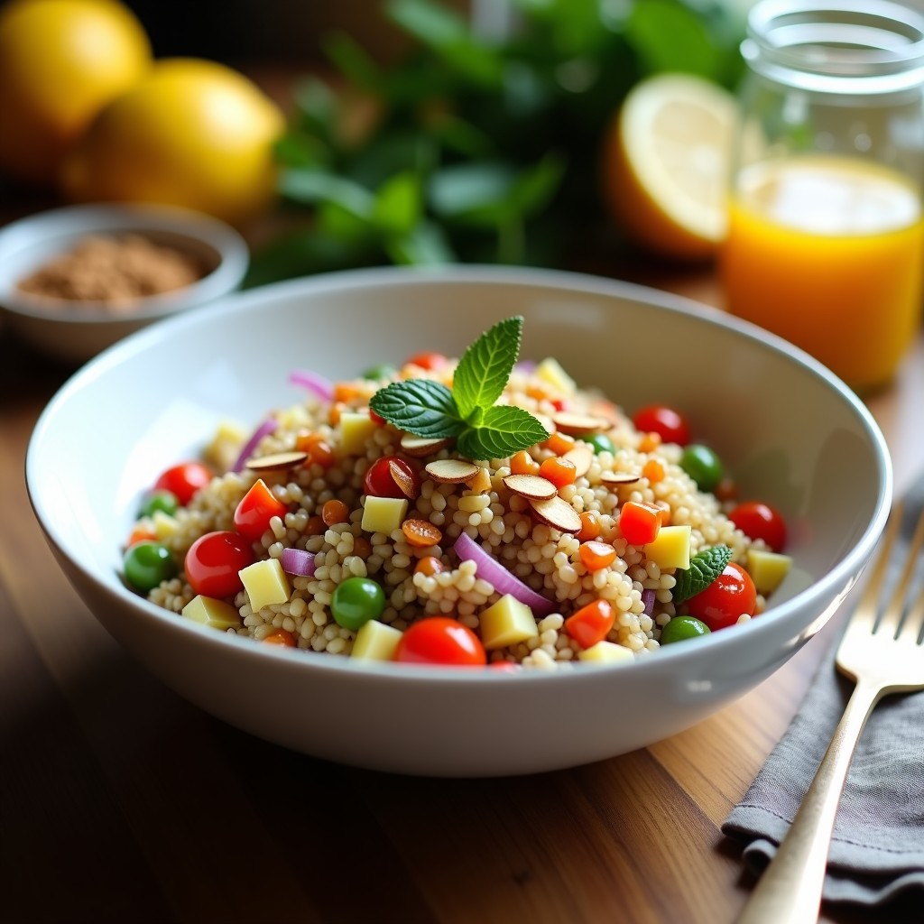 Ensalada palestina de freekeh y zaatar en un bol de cerámica blanca, con vinagreta de limón confitado, decorada con semillas de granada y almendras tostadas. Fondos de ingredientes frescos como menta, limón y pimiento rojo.