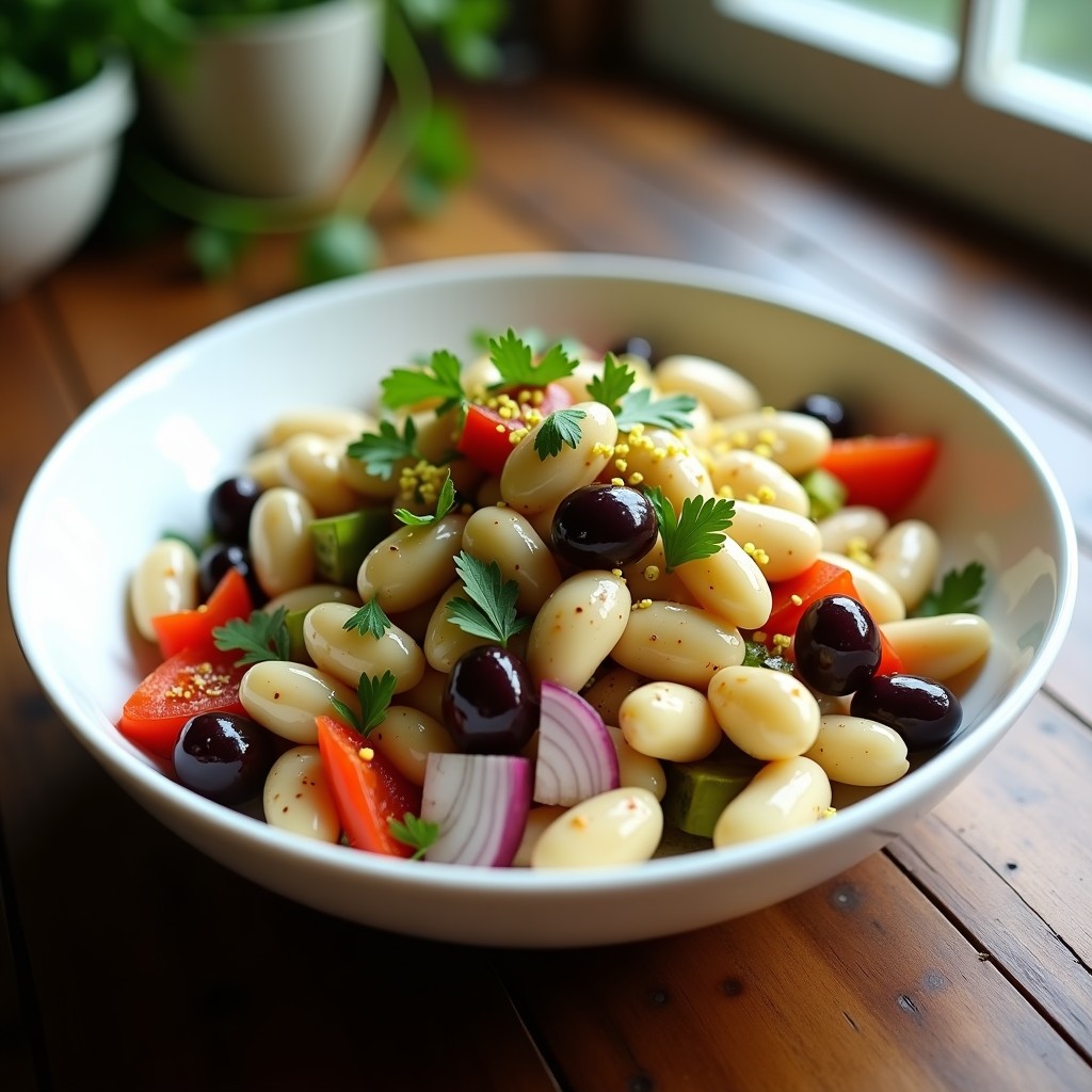Ensalada mediterránea vegana en bol blanco con frijoles blancos, alcachofas en cuartos, aceitunas Kalamata, cebolla morada y pimiento rojo asado, bañada en vinagreta dorada y decorada con perejil fresco.