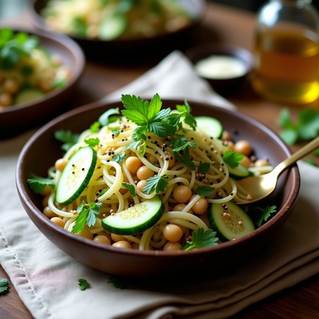 Ensalada fresca de frijoles mung germinados y pepino en cubos, adornada con cebolla morada, tomate cherry y cilantro. Servida en un bol de cerámica blanca con vinagreta de tamarindo y semillas de mostaza tostadas por encima. Receta ayurvédica india detox.