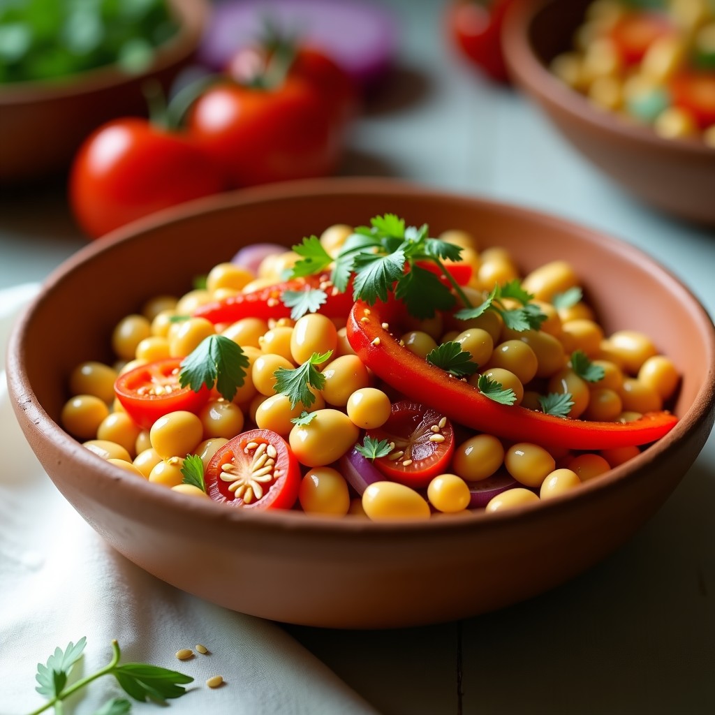 Ensalada vibrante de frijoles mungo amarillos con trozos de pimiento rojo asado, cebolla morada, tomates cherry y cilantro fresco, bañada en una vinagreta brillante de tamarindo. Espolvoreada con semillas de sésamo tostadas, servida en un bol de barro rústico sobre fondo claro.