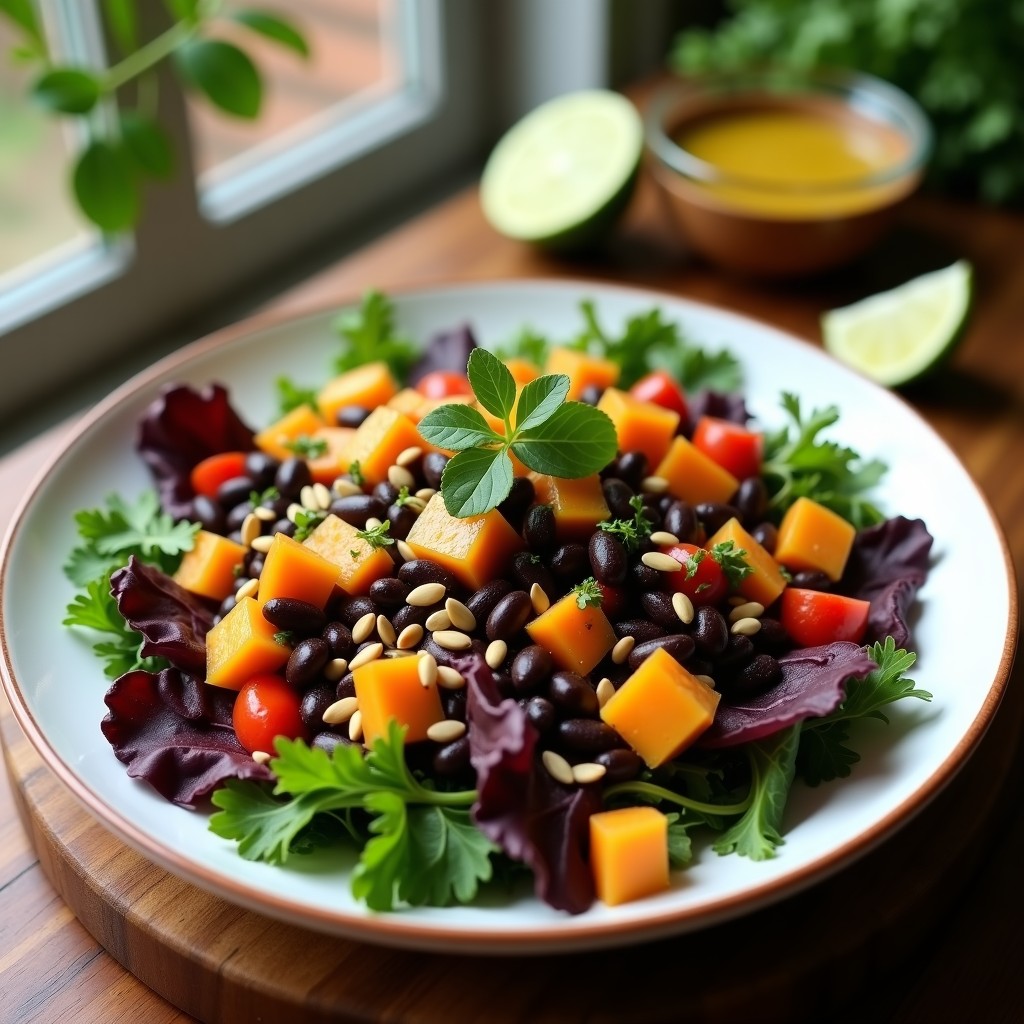 Ensalada cubana vegana con frijoles negros, cubos de mamey maduro y vinagreta de limón, servida sobre hojas de lechuga morada y decorada con semillas de girasol tostadas. Plato colorido y fresco con tonos naranjas, morados y verdes.