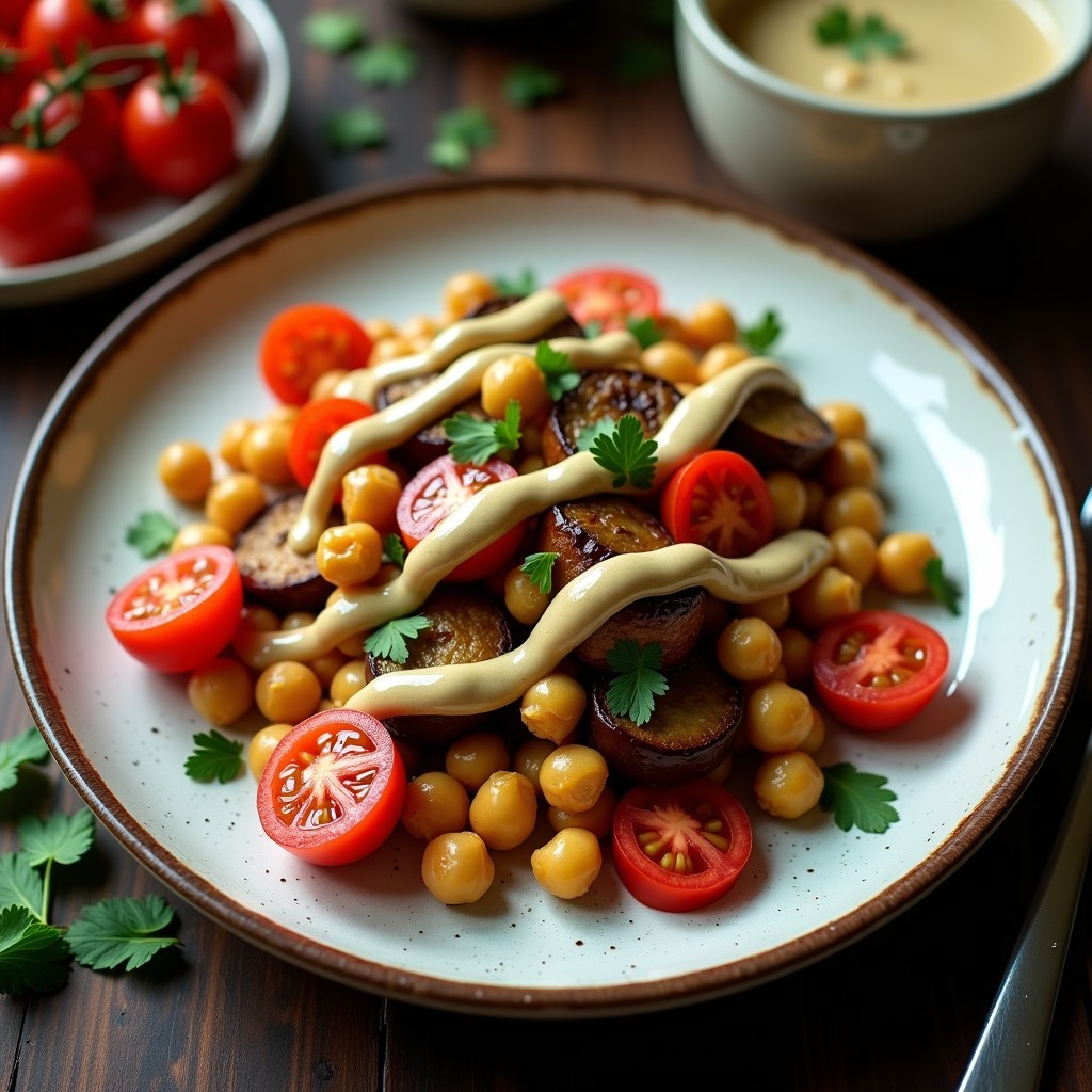 Ensalada templada de garbanzos con berenjena asada y salsa de tahini cremosa, lista en 40 minutos, receta vegetariana fácil y saludable