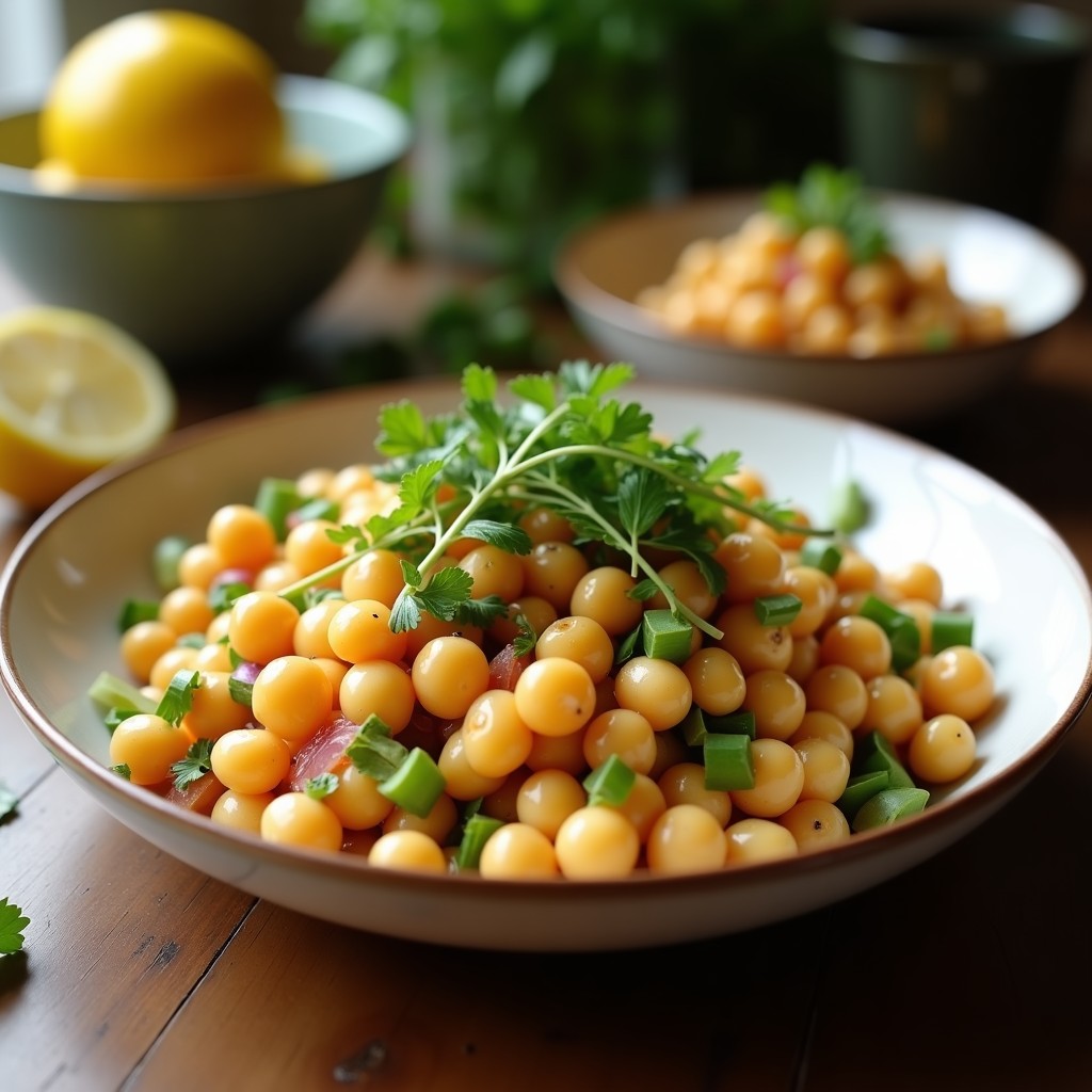 Ensalada templada de garbanzos y berenjena con aliño de tahini y limón, lista para servir en un plato de cerámica