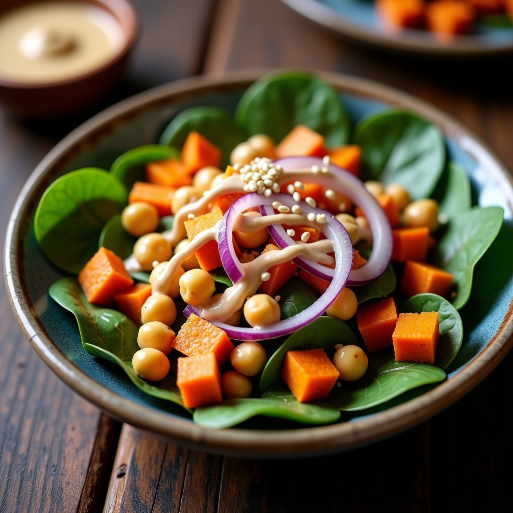 Ensalada templada de garbanzos y boniato asado con tahini, aderezada con semillas de sésamo tostadas y aceite de oliva virgen extra