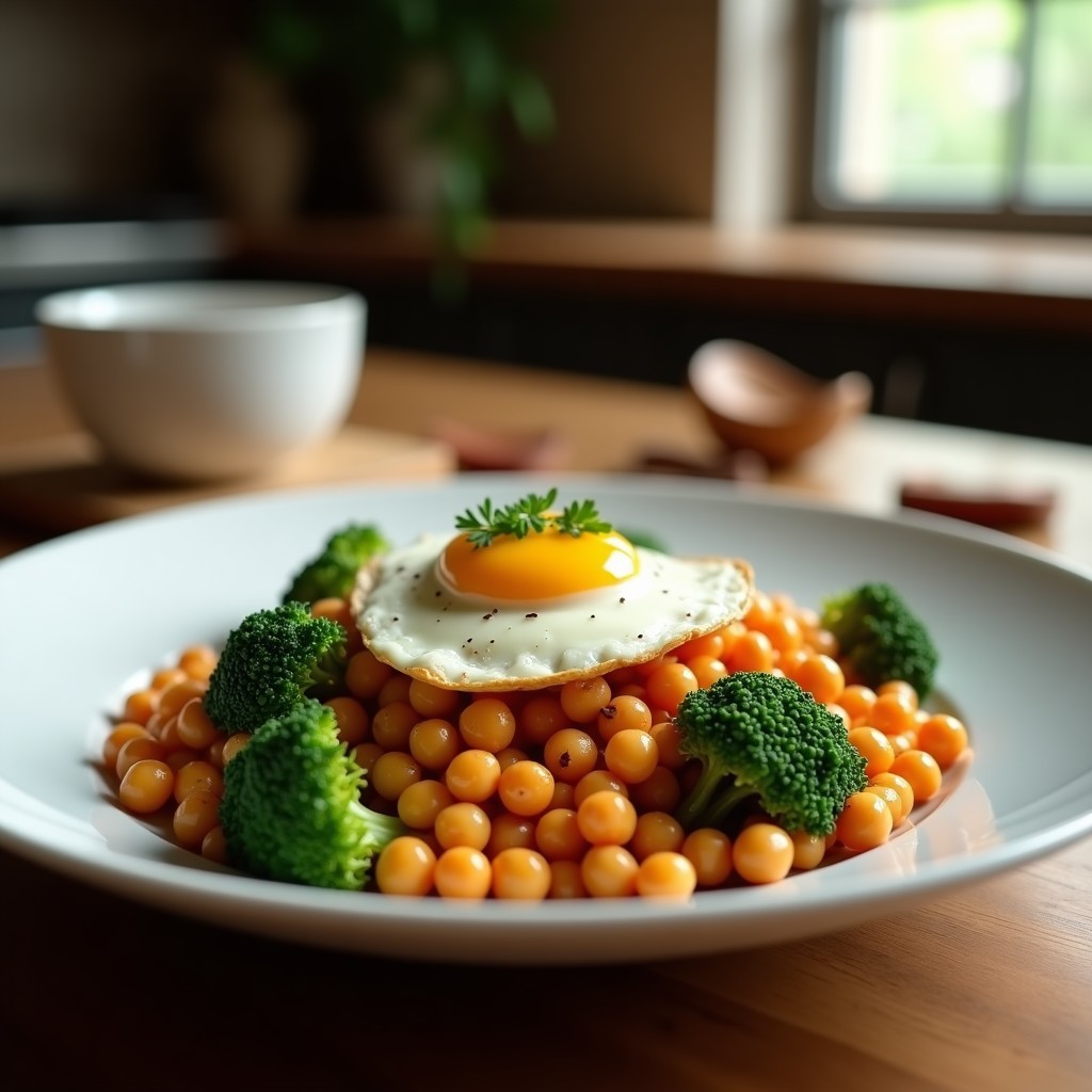 Ensalada templada de garbanzos y brócoli con pimentón ahumado y huevo poché, lista para servir