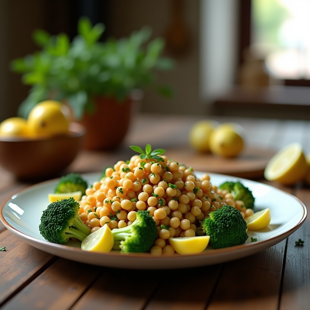 Ensalada templada de garbanzos y brócoli con aliño de tahini y limón, lista en un plato de cerámica, con ingredientes frescos alrededor