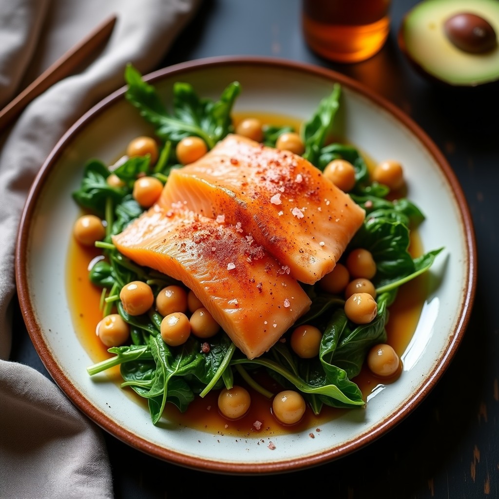 Ensalada templada de garbanzos y escarola con bacalao ahumado, una receta saludable y rápida con garbanzos cocidos, escarola fresca y bacalao ahumado