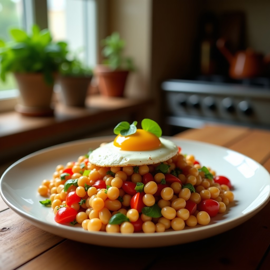 Ensalada templada de garbanzos y espárragos trigueros con huevo poché y vinagreta de mostaza antigua, lista para servir