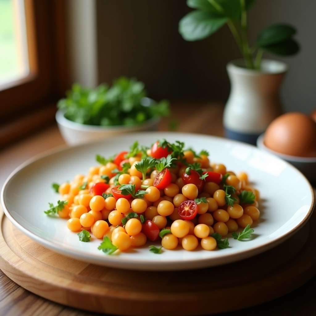 Ensalada templada de garbanzos con huevo poché y vinagreta de comino, lista en 20 minutos