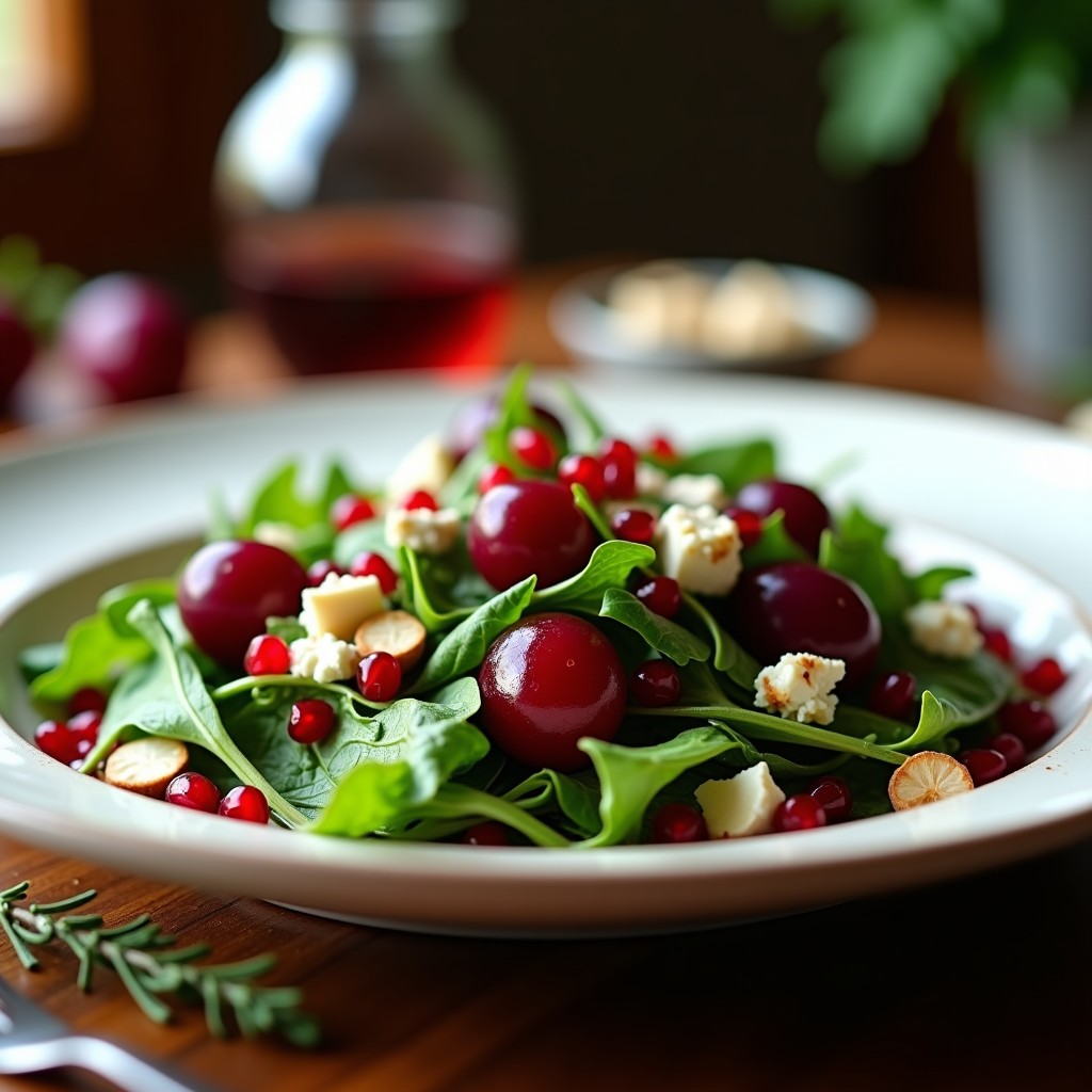 Ensalada fresca de rúcula y uvas garnacha con granos de granada rojos vibrantes, almendras tostadas y vinagreta brillante. Plato blanco rústico sobre fondo de madera oscura, decorado con hojas de menta.