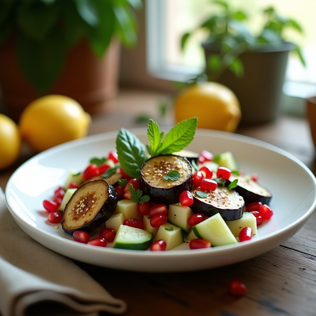 Ensalada greco-árabe de berenjena ahumada en plato hondo de cerámica blanca, con trozos de berenjena dorada, granos de granada rojos, pepino verde y salsa cremosa de tahini, decorada con semillas de sésamo y hierbas frescas.