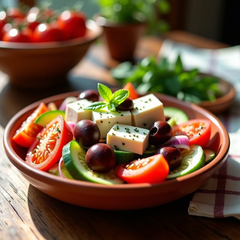 Ensalada griega auténtica en bol de barro con tomates en cuñas, pepino en rodajas, cebolla morada, pimiento verde, aceitunas Kalamata y queso feta en cubos, aliñada con aceite de oliva y orégano.