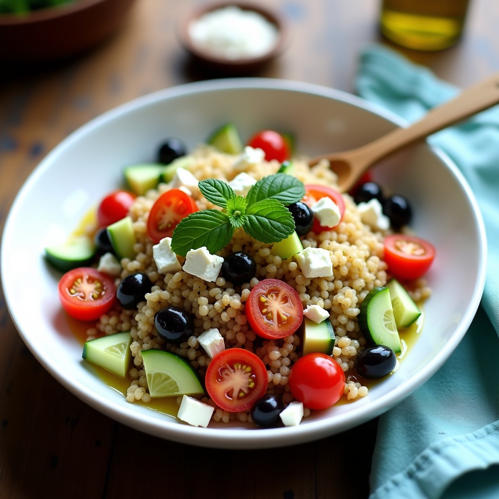 Ensalada griega con quinoa en un bol de cerámica blanca, con tomates rojos, pepino verde, aceitunas kalamata, queso feta desmenuzado y hojas de menta, bañada en aliño de aceite de oliva y limón.
