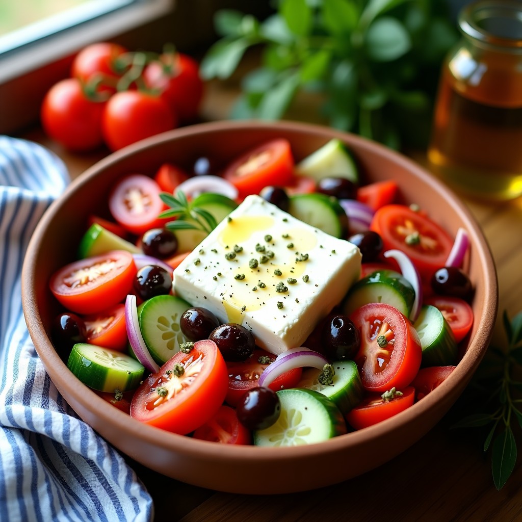 Ensalada griega clásica con tomate, pepino, queso feta y aceitunas Kalamata en un plato de madera