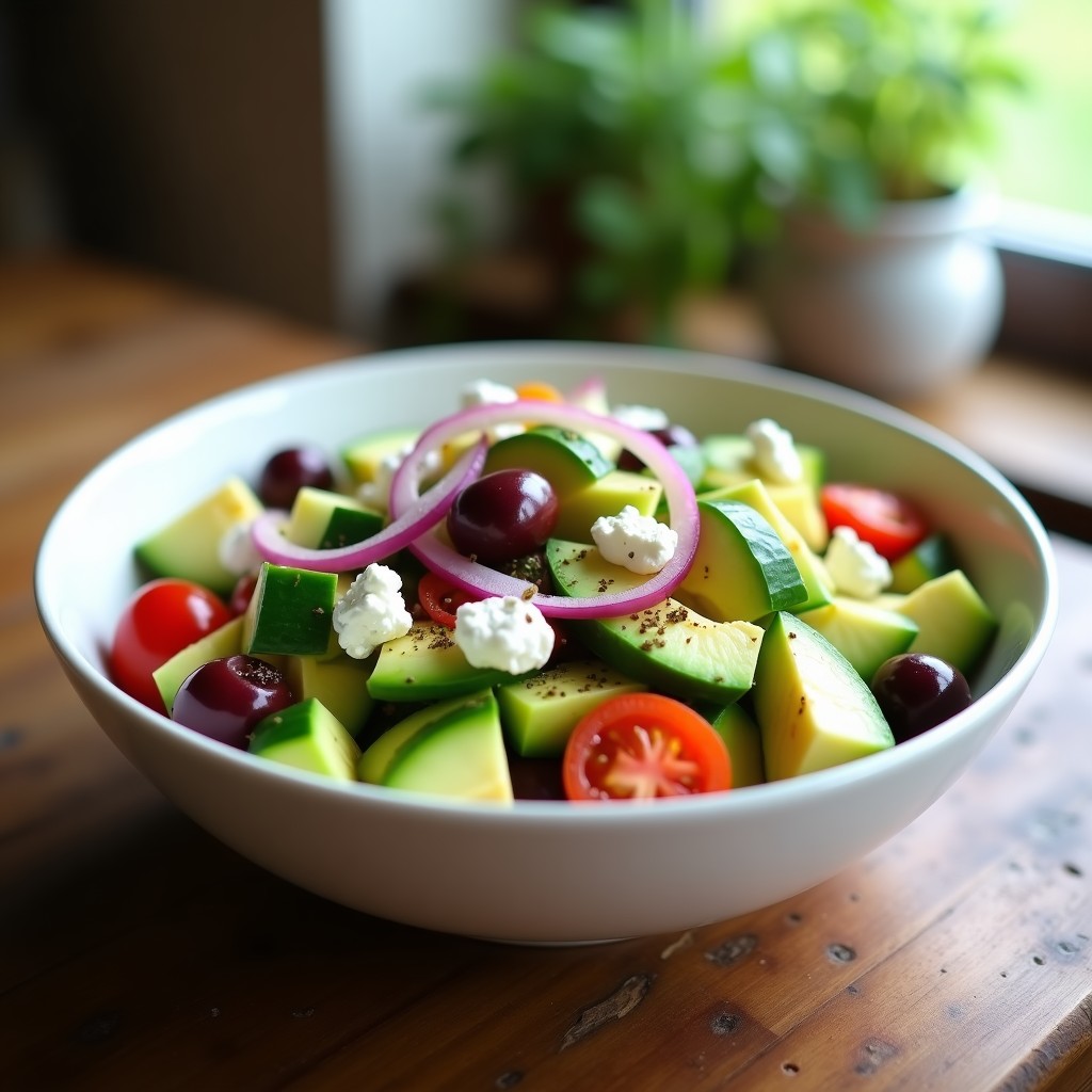 Ensalada griega keto en bol blanco con pepino, aguacate, tomates cherry, queso feta y aceitunas kalamata, aliñada con aceite de oliva y limón.