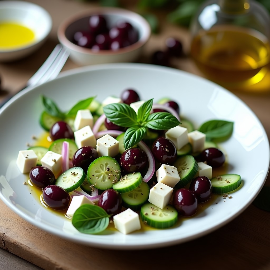 Ensalada griega keto servida en plato blanco de cerámica, con cubos de pepino, aceitunas kalamata, queso feta desmenuzado, cebolla morada y hojas de albahaca fresca, bañada en aceite de oliva virgen extra.