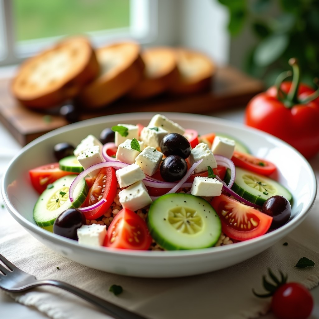 Ensalada griega fresca en bol de cerámica blanca con pepino, tomate, cebolla morada, queso feta desmenuzado y aceitunas kalamata, acompañada de rebanadas de pan toastado ahumado.