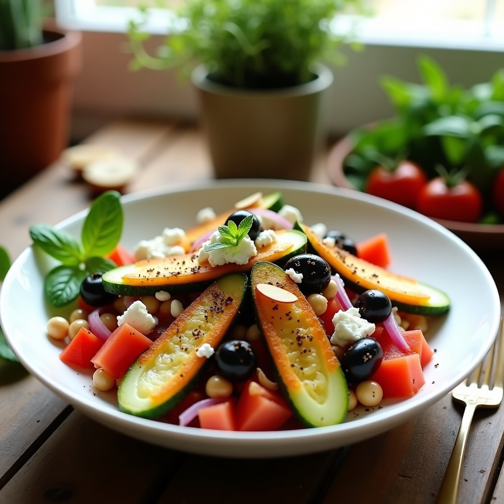 Ensalada griega colorida con rodajas de pepino asado dorado en airfryer, tomate, cebolla morada, garbanzos, aceitunas kalamata, queso feta desmenuzado y almendras fileteadas, servida en un bol de cerámica blanca sobre fondo rústico.