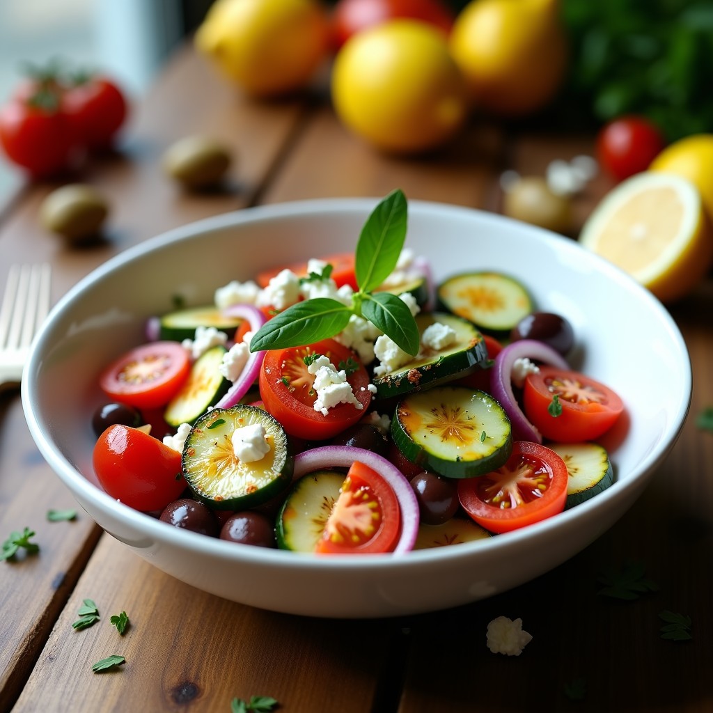 Ensalada griega con rodajas de pepino asado dorado, tomates rojos, cebolla morada, aceitunas kalamata y queso feta desmenuzado, servida en un bol de cerámica blanca con aderezo de orégano y limón.