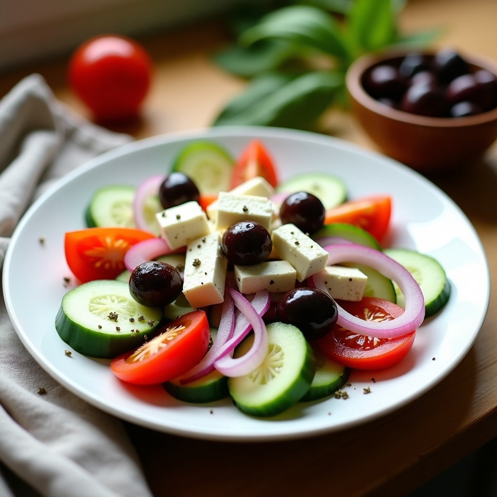 Ensalada griega auténtica servida en un plato de cerámica blanca, con rodajas de pepino, gajos de tomate, cebolla morada, aceitunas Kalamata y queso feta desmenuzado, bañada en aliño de aceite de oliva y orégano.