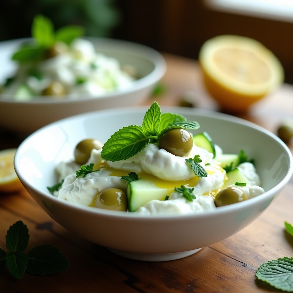 Cuenco de cerámica blanca con ensalada griega helada de pepino y yogur, decorada con hojas de menta y rodajas de limón, sobre fondo rústico.