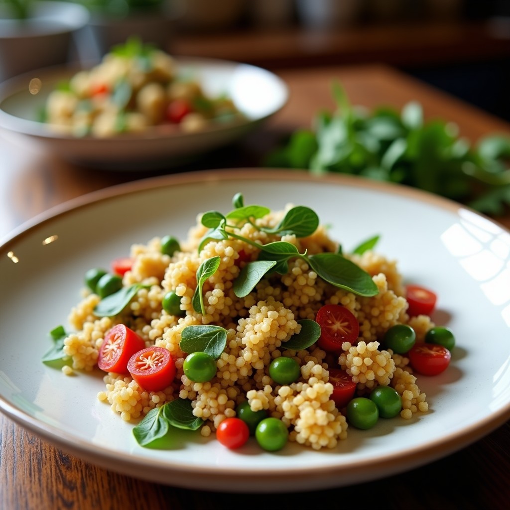 Ensalada griega con quinoa y trufa servida en un plato de cerámica blanca, con tomates cherry rojos, pepino verde, aceitunas negras, queso feta desmenuzado y almendras tostadas, coronada con láminas de trufa negra.