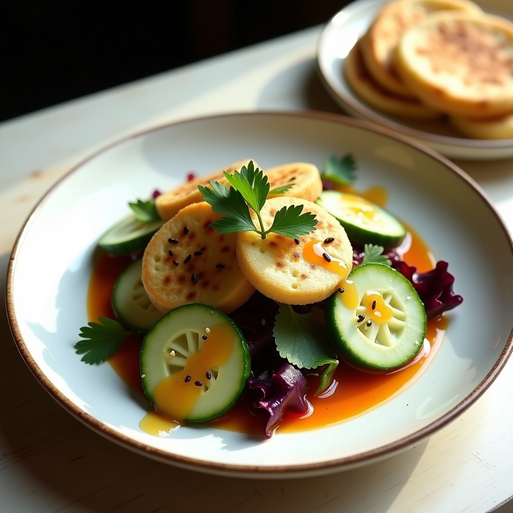 Ensalada fresca de higuitos en rodajas, queso halloumi dorado a la plancha, hojas de lechuga morada y cilantro, bañada con vinagreta de guayaba y decorada con semillas de sésamo tostado. Plato colorido y vibrante típico de la cocina colombiana.