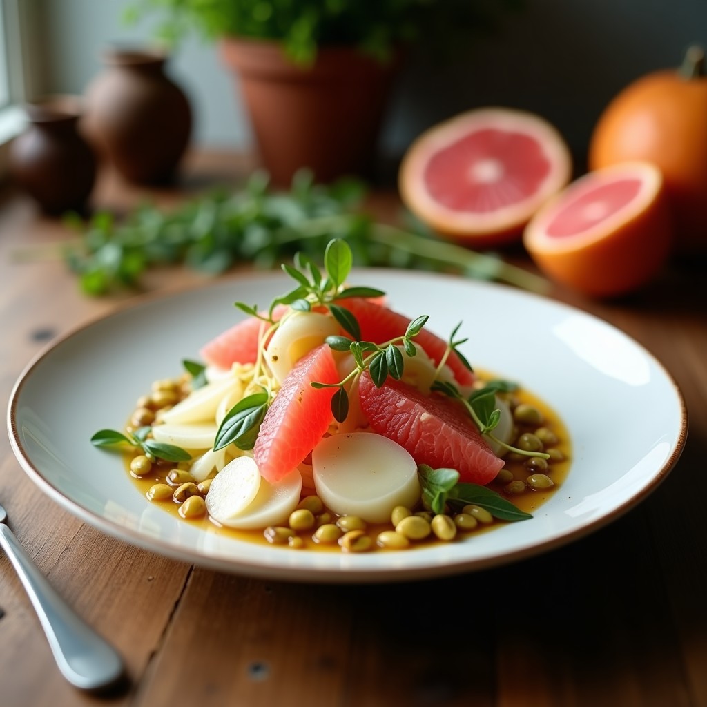 Ensalada low-carb de hinojo en juliana, gajos de pomelo rosa y pistachos tostados sobre un lecho de rúcula baby, aliñada con vinagreta brillante y decorada con hojas de menta fresca y cebollino picado.