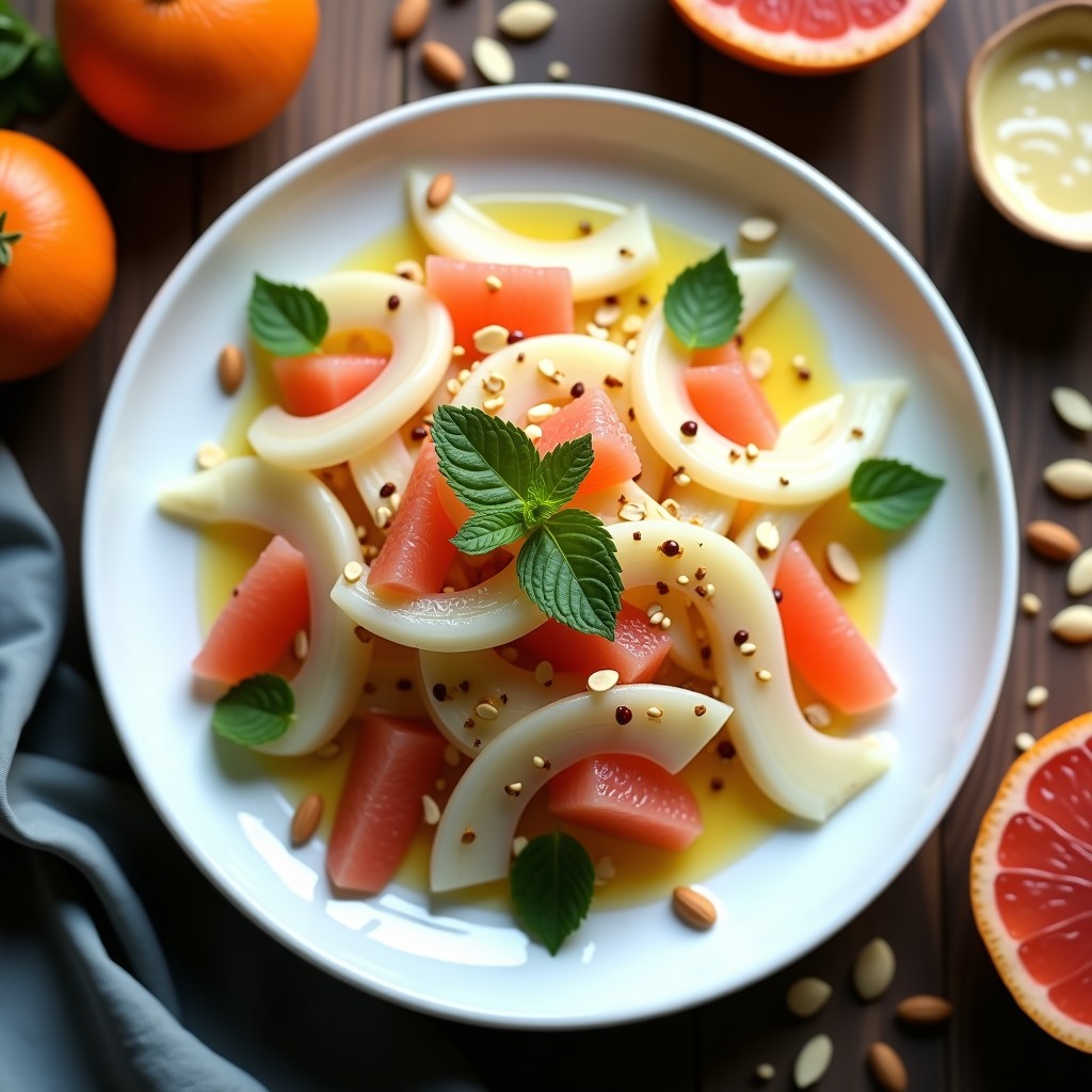 Ensalada fresca de hinojo en juliana fina y pomelo rosa en trozos, bañada con vinagreta de azafrán dorada. Decorada con almendras fileteadas, semillas de sésamo tostado y hojas de menta. Servida en un plato blanco sobre fondo de madera clara.