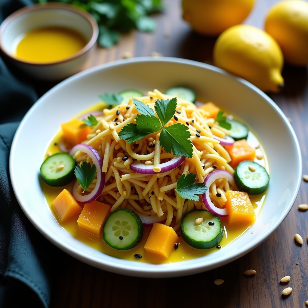 Ensalada vegana tailandesa en bol blanco con jackfruit desmenuzado, pulpa de granadilla amarilla, rodajas de pepino y cebolla morada, decorada con semillas de sésamo y hojas de cilantro, con vinagreta de limón y cilantro.