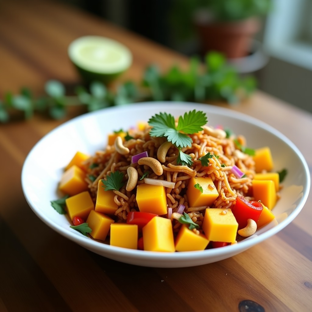 Ensalada vegana jamaicana en bol de cerámica blanca: jackfruit desmenuzado marinado, cubos de mango dorado, pimiento rojo y cebolla morada, bañados en aderezo de tamarindo brillante. Anacardos tostados y hojas de cilantro fresco como topping. Fondo borroso con texturas tropicales.