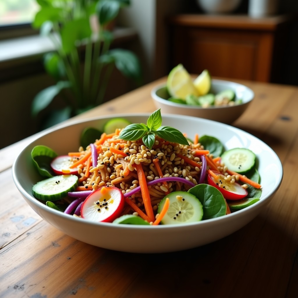 Ensalada colorida en plato hondo con base de lechuga morada, jackfruit desmenuzado marinado, juliana de pepino y zanahoria morada, cacahuates tostados y semillas de sésamo. Vinagreta de tamarindo brillante y cilantro fresco como toques finales. Textura crujiente y fresca, receta vegana.