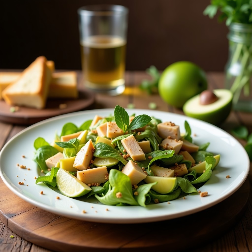 Ensalada de Kentucki en plato hondo de cerámica blanca: apio Kentucki en rodajas, manzana Granny Smith en cubos, nueces pecanas tostadas, cebolleta morada y queso de cabra desmenuzado. Vinagreta dorada de mostaza y miel de arce brillando sobre los ingredientes, decorada con hojas de menta fresca.