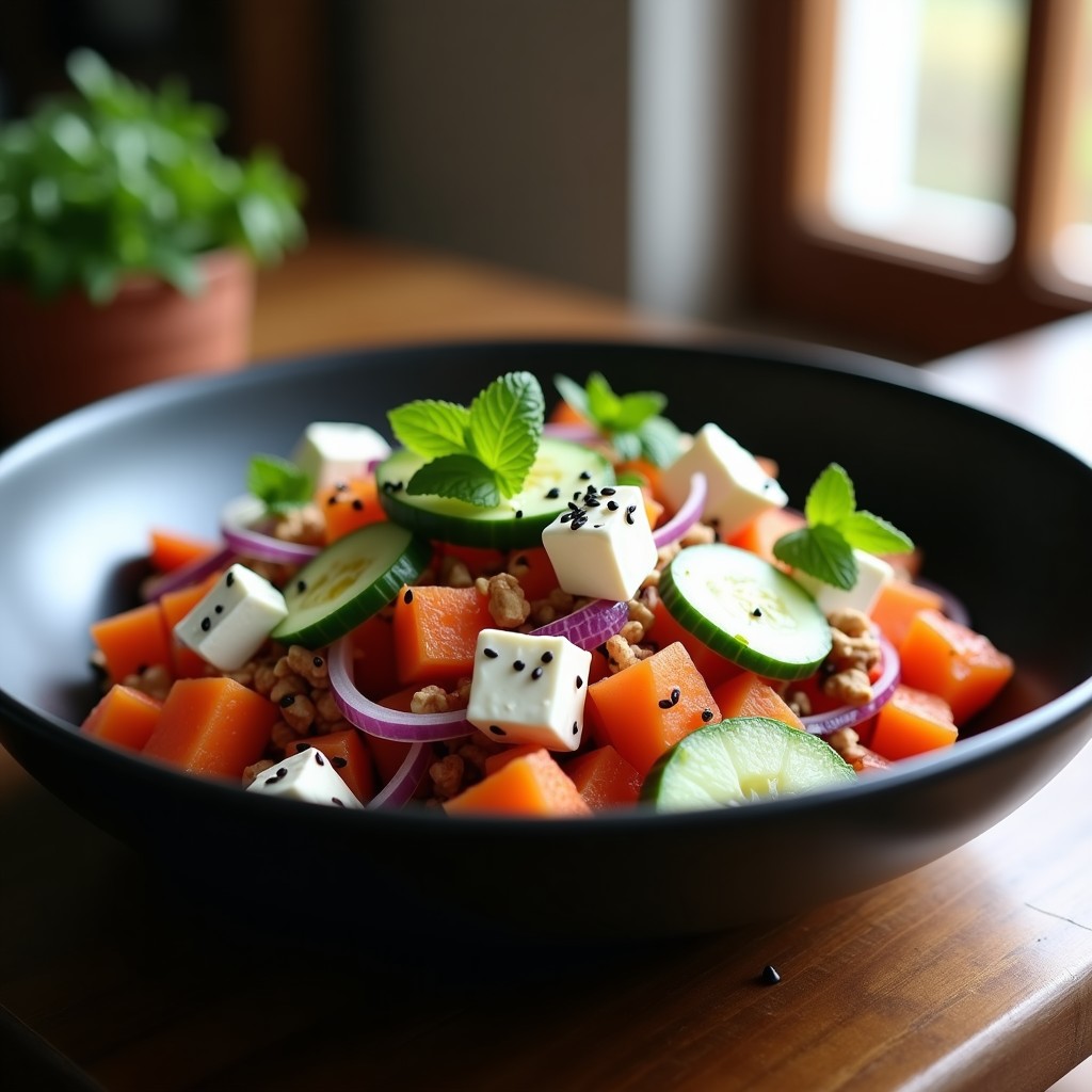 Ensalada vibrante de kimchi coreano rojo, queso feta blanco desmenuzado, pepino verde, cebolla morada y nueces doradas en un bol de cerámica negra, espolvoreada con semillas de sésamo y decorada con hojas de menta fresca.