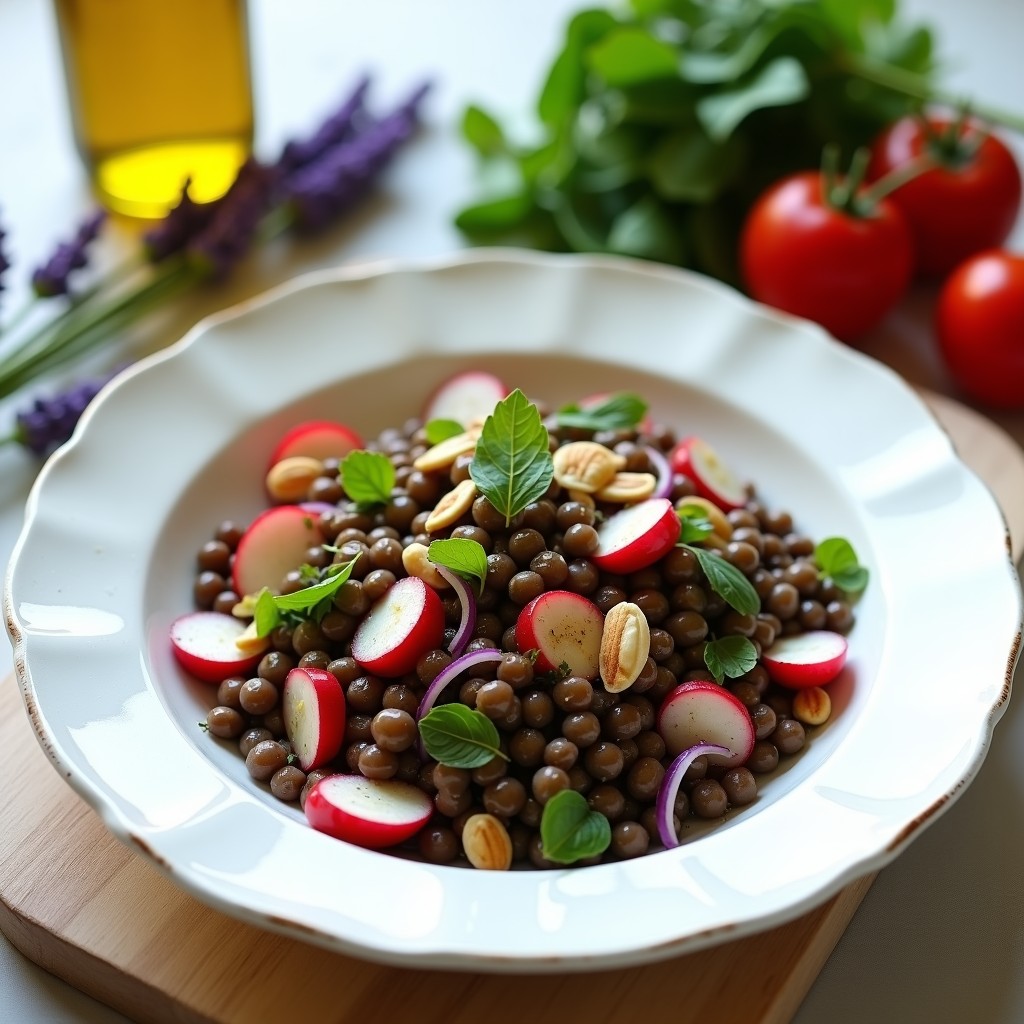 Ensalada francesa de lentejas Belgian con rábanos en rodajas, almendras tostadas y vinagreta de mostaza Dijon, servida en un bol de cerámica blanca con hierbas frescas.