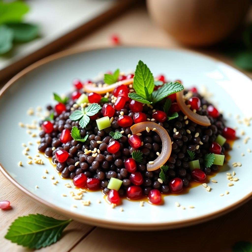 Ensalada persa vegana en plato de cerámica blanca: lentejas beluga oscuras mezcladas con semillas de granada rojas brillantes, cebolla morada en juliana, perejil fresco y sésamo tostado. Vinagreta de tamarindo dorada rociada por encima, con fondo de menta fresca y textura crujiente.