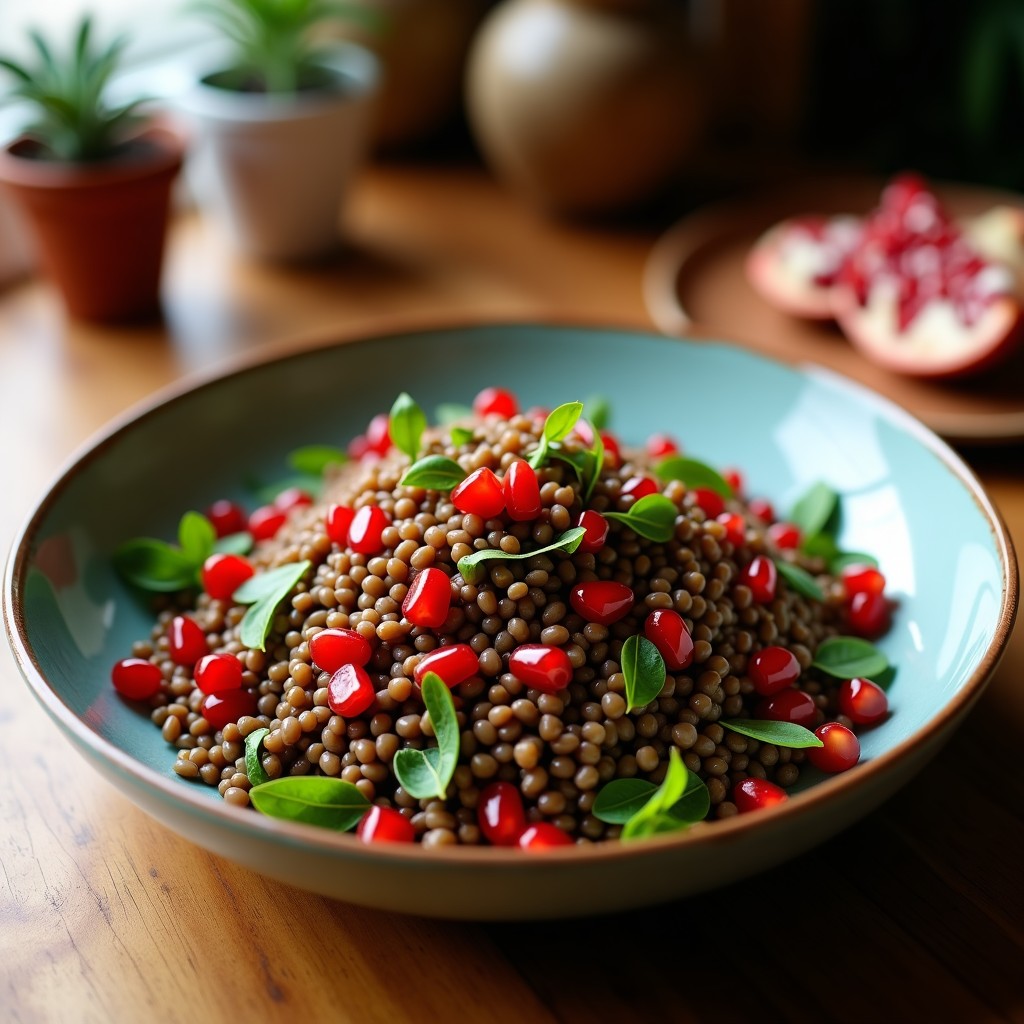 Ensalada iraní de lentejas beluga con granado y vinagreta de granadas en un bol de cerámica blanca, decorada con semillas de granado, nueces tostadas y hierbas frescas sobre un mantel rústico.