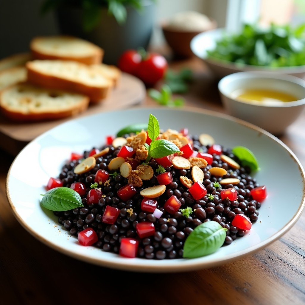 Ensalada griega fresca de lentejas beluga negruzcas, semillas de granado rojas brillantes, queso feta blanco desmenuzado, aceitunas kalamata y hojas de menta verde, servida en un bol de barro con vinagreta dorada.