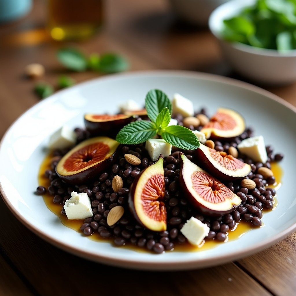 Ensalada griega de lentejas beluga negras con higos caramelizados dorados, queso feta desmenuzado, almendras tostadas y menta fresca, servida en un plato blanco con vinagreta de miel y vinagre brillando bajo la luz.