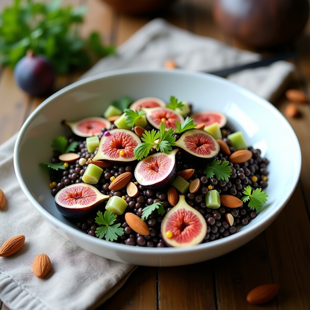 Ensalada persa de lentejas beluga negras con higos frescos en cuartos, cebolla morada, apio y almendras fileteadas tostadas, bañada en vinagreta dorada de mostaza. Plato servido en fuente de cerámica blanca con hierbas verdes frescas.