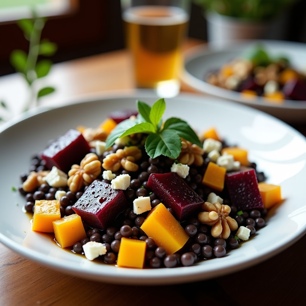 Ensalada de Lentejas Beluga con Remolacha Asada y Queso Feta: Receta Alta en Hierro