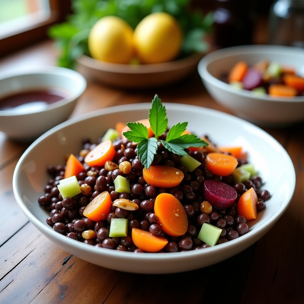 Ensalada vegana en bol blanco con lentejas beluga oscuras, remolacha asada en cubos dorados, espinacas frescas, cebolla morada, apio picado y pistachos tostados. Bañada con vinagreta de naranja brillante y decorada con cilantro fresco. Plato colorido y saludable sobre fondo de madera rústica.