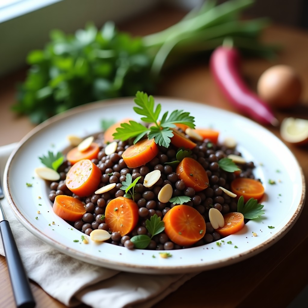 Ensalada francesa vegana de lentejas beluga con zanahorias glaseadas doradas, apio fresco, cebolla morada y almendras fileteadas, bañada en aliño de mostaza de Dijon, servida en un plato blanco rústico con perejil fresco.
