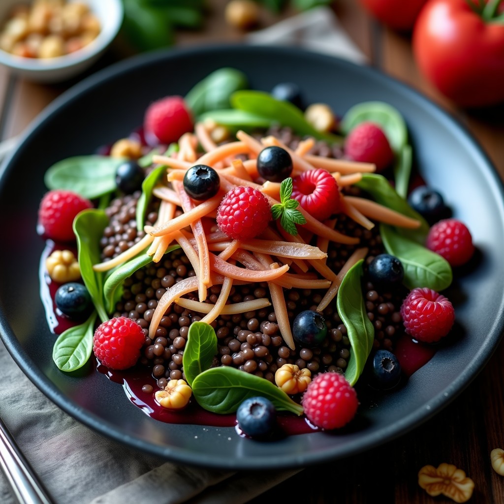 Ensalada templada de lentejas caviar con confit de pato crujiente y vinagreta de miel y jengibre, receta gourmet fácil y saludable
