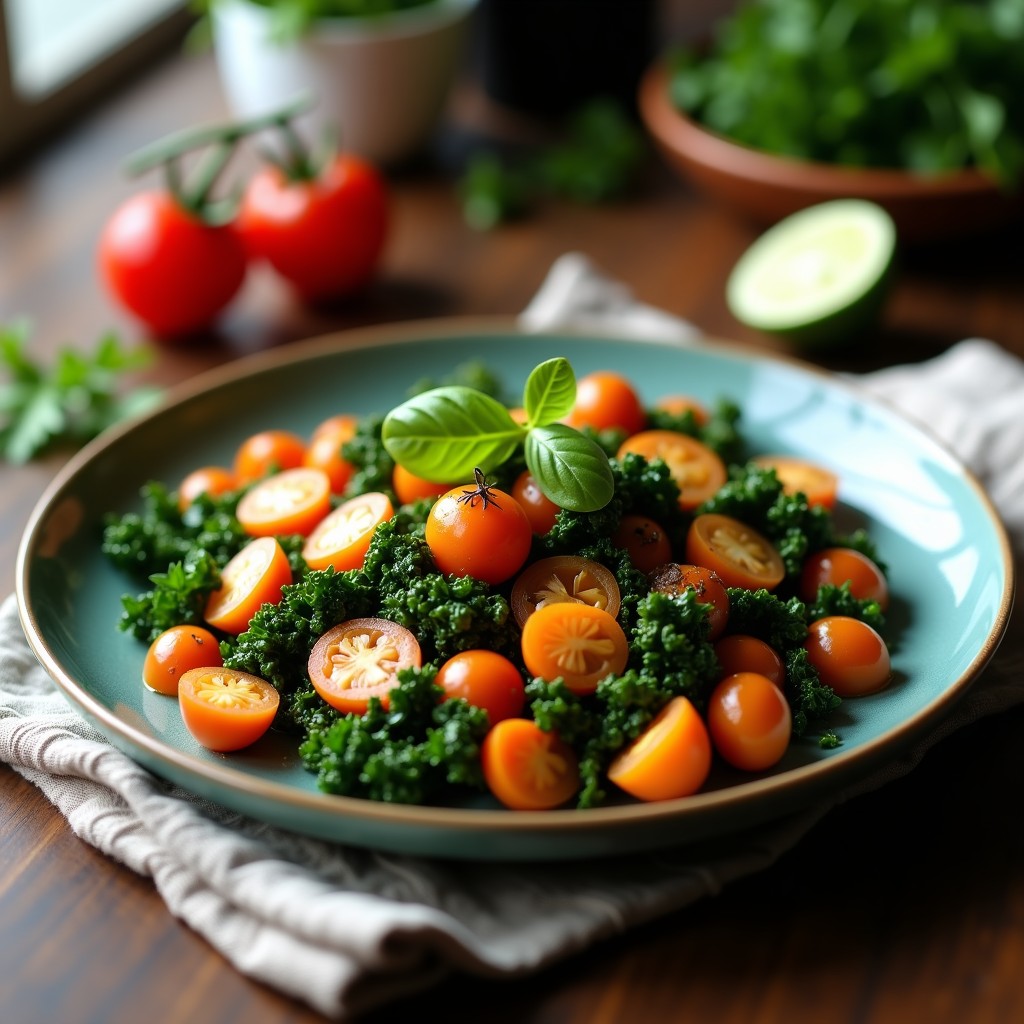 Ensalada vegana de lentejas pardinas con espinacas, kale, cebolla morada, pimiento rojo y semillas de girasol, servida en un bol blanco con aderezo de limón y mostaza.